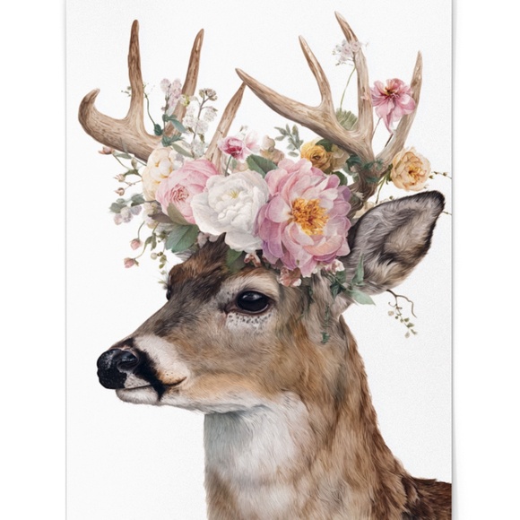 Watercolor Deer with Flower Wreath Illustration Wall Art Print Poster, Unframed - Picture 2 of 6